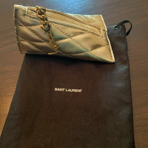 Saint Laurent Berlingo YSL Quilted Metallic Gold Leather Bag Charm Coin Purse - Picture 1 of 3